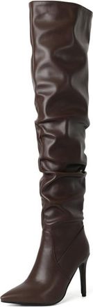 Generic Womens Slouch Ruched Thigh High Boots Pointed Toe Stiletto Heels Dressy Pumps Wide Calf Pull On Over The Knee Shoes (7.5,Brown)