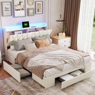 OEM Cama Doble 140x190cm - Liten - Velours Suave - Cajones De Almacenamiento - Puertos Usb De Carga