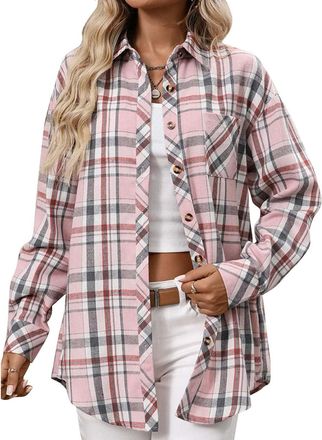 Generic Womens Plaid Shirts UK Casual Long Sleeve Button Down Collared Tops 2025 Fall Fashion Lightweight Cotton Blouse Dressy Comfy Loose Fit T-Shirt Going O