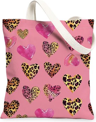 Generic Funky Hearts Canvas Tote Bags, Cute Animal Print Reusable Grocery Bags, Stylish Lightweight Washable Shoulder Strap Canvas, Peach, 13x15 Inch