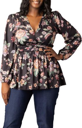 Kiyonna Leah Gathered Top in Black Floral Motif at Nordstrom, Size 0X