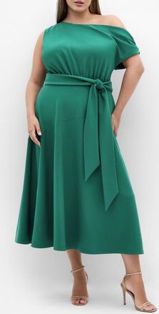 City Chic Kate One-Shoulder Crepe Midi Dress in Jade at Nordstrom, Size Xl