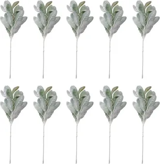 OEM Paquete De 10 Unidades De Hierba Artificial Con Efecto Flocado: Tallos De Crisantemo De Hoja Plateada, Hojas De Roble Flocadas, Hojas De Hierba Oreja 