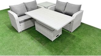 Fimous 4 Seater Outdoor Love Sofa Set Rattan Garden Furniture Set with Adjustable Lifting Dining or Coffee Table Side Table Light Grey - Fimous