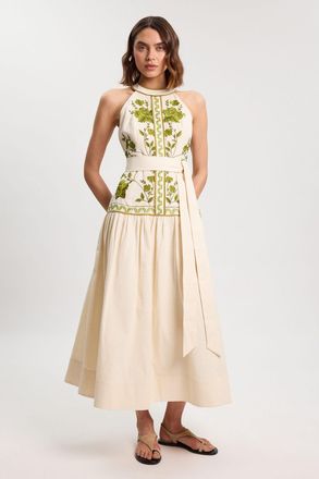 Karen Millen Womens Rose Embroidered Cotton Twill Woven Maxi Dress - White - Size 10 UK