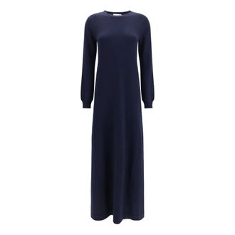 Malo Lange Kasjmier Ronde Hals Jurk - Dames - Jurken - Blauw - Maat: XS Kasjmier