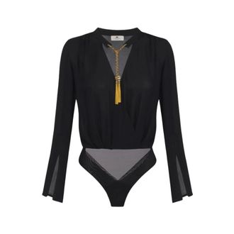 Elisabetta Franchi Body, female, Black, Size: S Black Georgette Bodysuit with Mandarin Collar