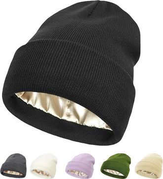 Generic Satin Lined Beanie for Women & Men, Frizz Control, Slouchy Winter Hat with Ear Coverage (Black)