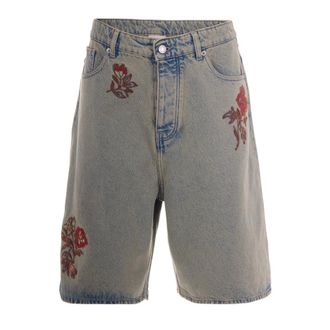 Dr&ocirc;le de Monsieur Denim Shorts, male, Gray, Size: S Embroidered Floral Denim Shorts