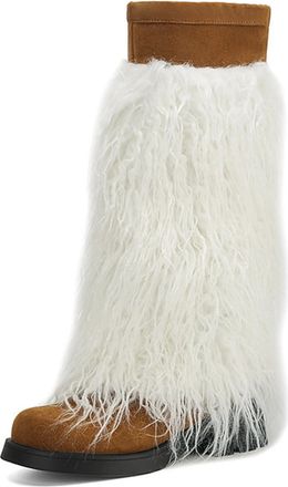 Generic Womens Pull on Winter Long Boots Round Toe Faux Suede Knee High Boots Low Chunky Heel Platform Boot,Brown,4.5 UK