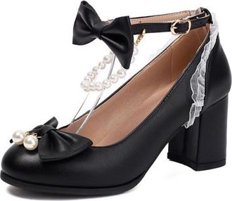 Generic Womens Round Toe Pumps Bow Accent Pearl Detail Elegant Ankle Strap Buckle Closure Chunky Block Heel Dress Shoes Comfortable for Fashion Lolita,Black,1