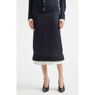 Bottega Veneta Fringe Double Layer Silk Sweater Skirt in 4073 Midnight Blue/chalk at Nordstrom, Size Medium