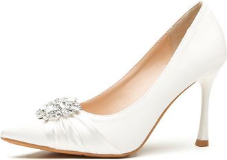 Generic Qynthra Womens Satin Buckle Pointed Toe Mid Heel Slip On Pumps Wide Fit Plus Size Court Shoes for Wedding & Formal Events Soft Breathable Insole Elega