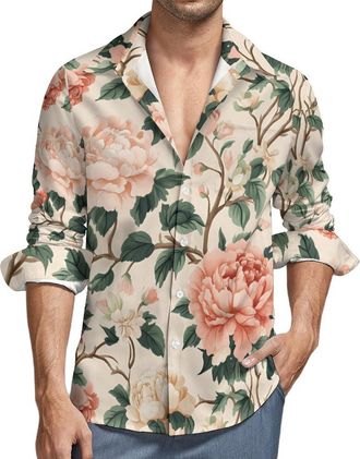 Generic Traditional Chinese Flowers Mens Long Sleeve Shirt Casual Button Down Shirts with Pocket Printed Collar Top Wear