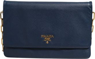 Prada Blue Saffiano Leather Wallet on Chain Clutch Womens Bag (Pre-Owned)
