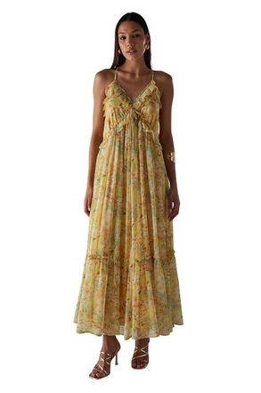 Warehouse Chiffon Ruffle Strappy Floaty Maxi Dress in Floral at Nordstrom, Size 10