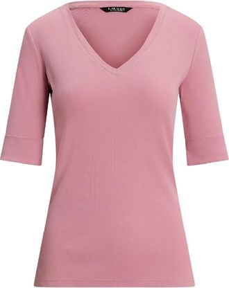 Lauren Ralph Lauren V-neck cuffed-sleeve T-shirt - women - Cotton - S - Pink