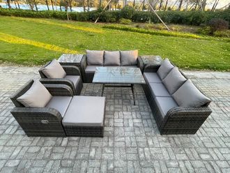 Fimous 9 Seater Rattan Outdoor Garden Furniture Sofa Set Patio Table & Chairs Set with 3 Seater Sofa Rectangular Dining Table 2 Side Tables