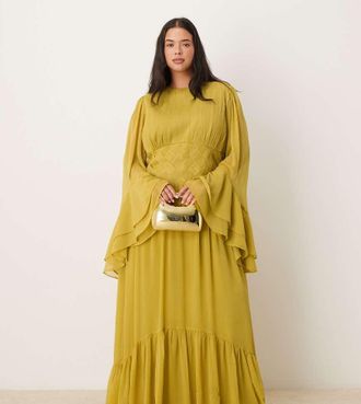 Asos Curve ASOS DESIGN Curve - Vestito lungo in chiffon a maniche lunghe con cuciture in vita verde oliva tenue