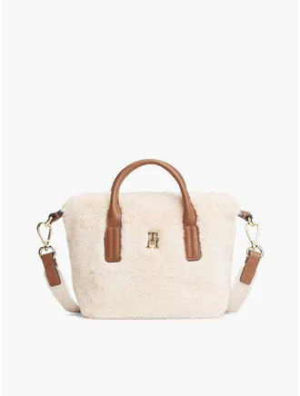 Tommy Hilfiger Womens Monogram Faux Fur Micro Tote Bag - Beige