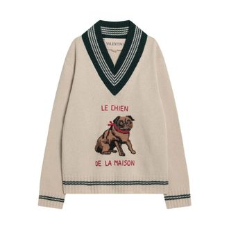 Valentino Garavani V-neck Knitwear, male, Yellow, Size: M Le Chien V-Neck Sweater