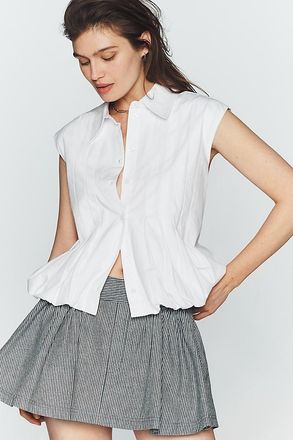 Maeve Sleeveless Pleated Bubble-Hem Buttondown Top