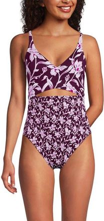 Lands End Wrap Monokini High Leg One Piece Swimsuit in Daylily Red Tossed Floral at Nordstrom, Size 10P