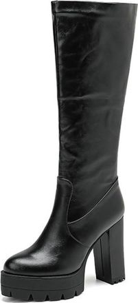 Generic Womens Lug Sole Block Heel Platform Round Toe Knee High Boots Slip On Versatile Winter Dress Shoes (Black,7.5)