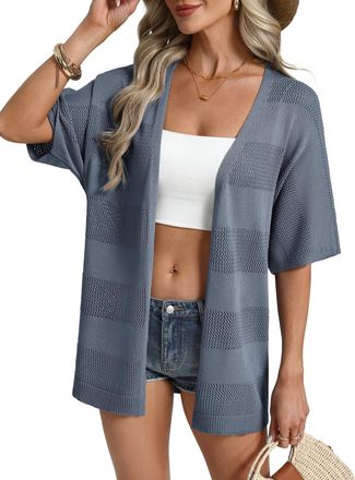 Grace Karin Cardigans for Women UK Summer Boho Crochet Hollow Kimono Cardigan Loose Open Front Short Sleeve Beach Coverups S Gray Blue