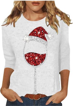 Generic Christmas Tops for Women UK 3/4 Sleeve Ladies T-Shirts Round Neck Blouses Christmas Print Casual Tunic Top Funny Xmas Tops Comfortable Holiday T-Shirt