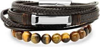 Steeltime Mens Brown Leather Stainless Steel Tigers Eye Beaded Layered Bracelet in Brown-Metallic at Nordstrom Rack