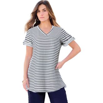 Roaman's Plus Size Slub V-Neck Boyfriend Tunic Top in Navy Glitter Stripe at Nordstrom, Size 2X