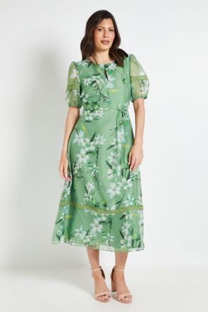 Wallis Womens Floral Organza Lace Insert Midi Dress - Green - Size 14 UK