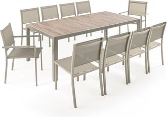 Oviala Mesa de jard&iacute;n de cer&aacute;mica con efecto madera 206 cm y 10 sillas crema