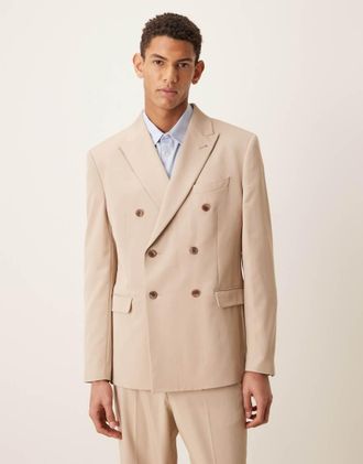 Asos Giacca da abito vestibilit&agrave; classica doppiopetto in twill fine beige-Neutro