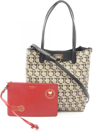 Ferragamo Beige Black Coated Canvas Leather Handbag Pouch Tote Bag (Pre-Owned)