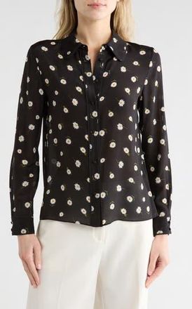 Alice & Olivia Willa Floral Long Sleeve Silk Button-Up Shirt in Tossed Daisy Black at Nordstrom Rack, Size X-Large