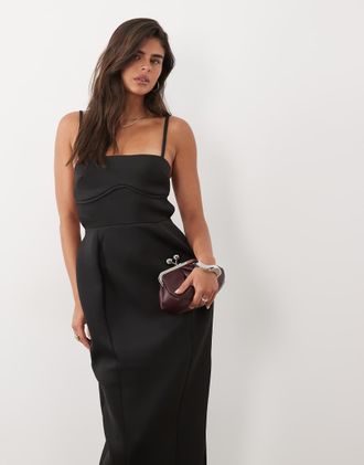Asos vestito lungo a tubino con volume e schiena a fascette in tessuto scuba nero