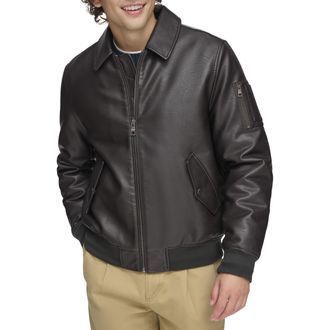 Tommy Hilfiger Mens Faux Leather Bomber Jacket, Dark Brown Laydown Collar, Large