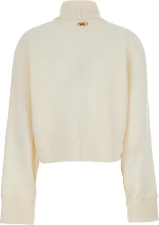 Michael Michael Kors Womens White Cropped Turtleneck Sweater With Logo Plaque Merino Wool Tops Top