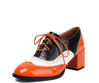 Generic Womens Patent Leather Vintage Brogues Mid Block Heel Oxfords Dress Shoes Lace-Up Casual Shoes,Orange,4.5 UK