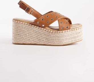 South Beach Sandali stile espadrilles marroni con zeppa e borchie-Marrone