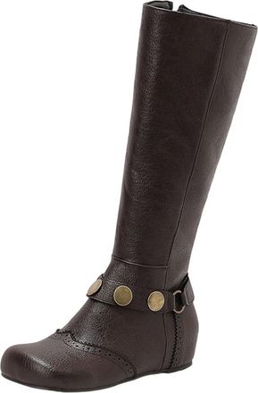 Generic Brown Round Toe Flat Knee High Boots with Lace-Up and Belt Buckle Style for Women Winter Fashion Pu Leather Comfortable and Lightweight