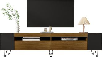 STILVORA Mueble De Tv Con 2 Puertas Y 4 Huecos Abiertos, Pasacables, Patas De Hierro, Estilo Moderno, En Mdf Y Pb, Negro Y Madera, 180&times;36&times;43 Cm