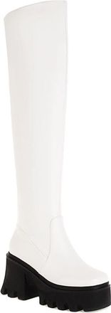 Generic Womens Over The Knee Boots Platform Block Heels PU Leather Chunky Sole Comfortable Non Slip Durable for Street Fashion Party Night Out,White,6.5 UK