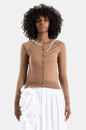 Simone Rocha Womens Chestnut Merino And Silk Cardigan With Embellishments Brown Sweater
