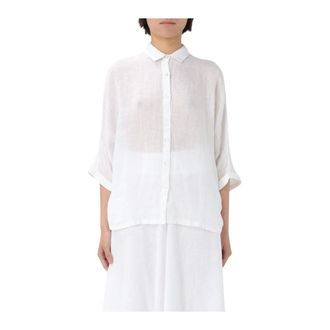 120% Lino Overhemden, Dames, Wit, S, Linnen, Witte Linnen Overhemd met Kraag