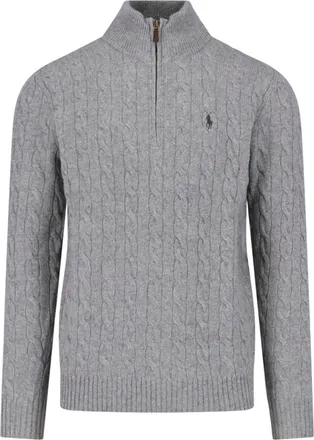 Polo Ralph Lauren Grey Wool-Cashmere Cable Knit Half-Zip Sweater