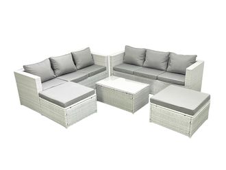 Fimous Garden Outdoor PE Rattan Furniture Set 8 Seater Rattan Garden Sofa Set with 2 Big Footstools Light Grey Mixed