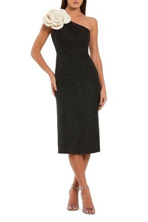 Mac Duggal One Shoulder Boucle Midi Dress With 3D Flower in Black Ivory at Nordstrom, Size 14